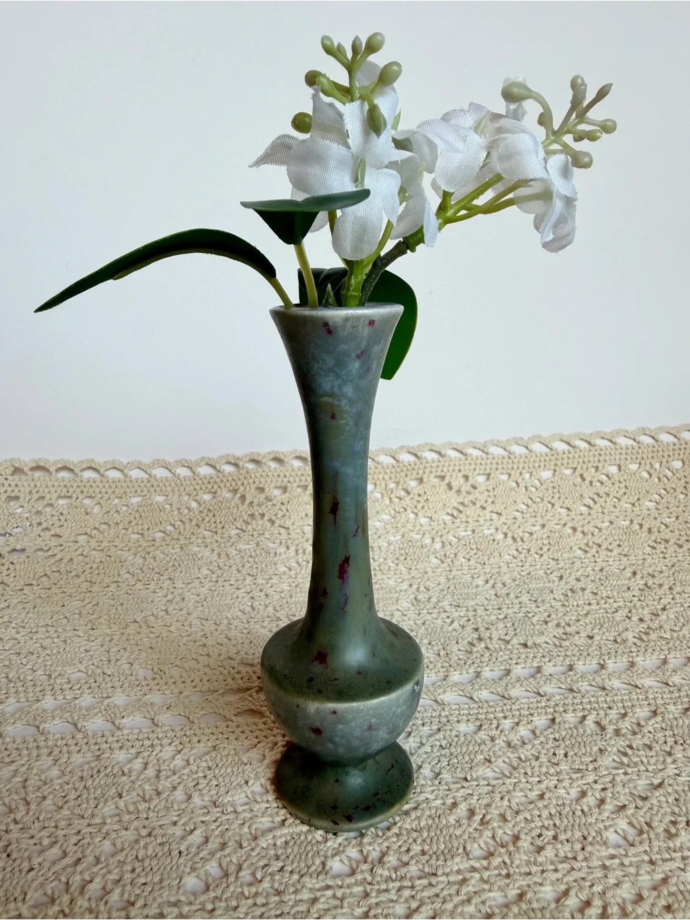 Maria Hall Studio Pottery Bud Vase Green Mottled Glaze Signed Handmade 6”